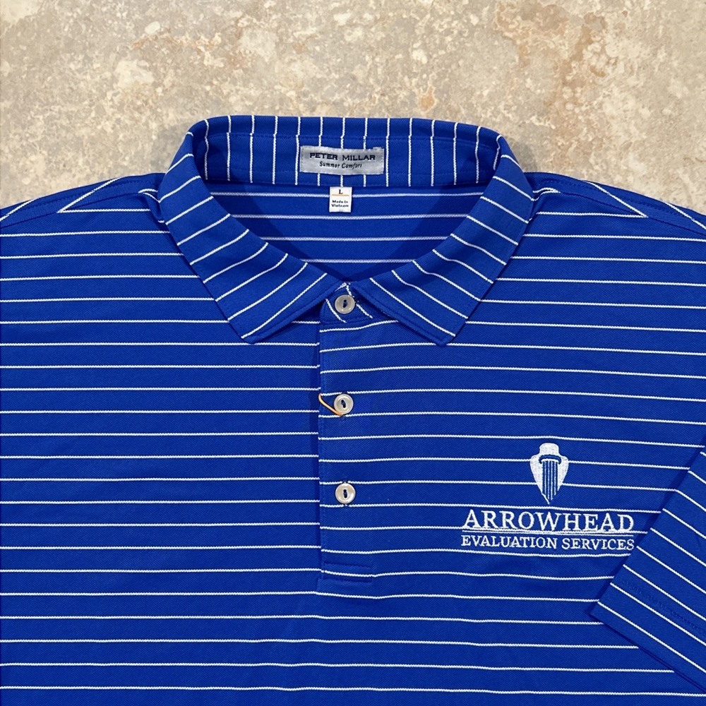 Peter Millar Fitz Performance Polo Men L Sapphire Blue Summer Comfort Arrowhead